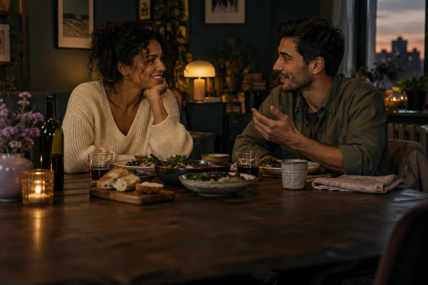 A couple enjoying an unhurried conversation over dinner at home.
