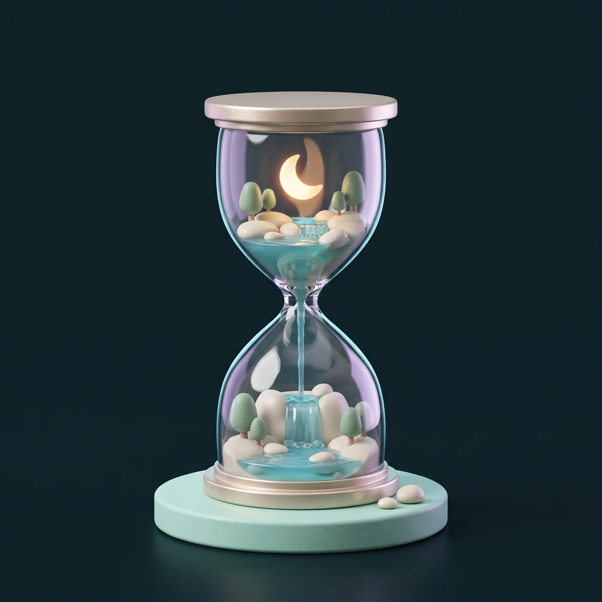 A glass hourglass with a tiny turquoise river, smooth stones, and a warm crescent moon.