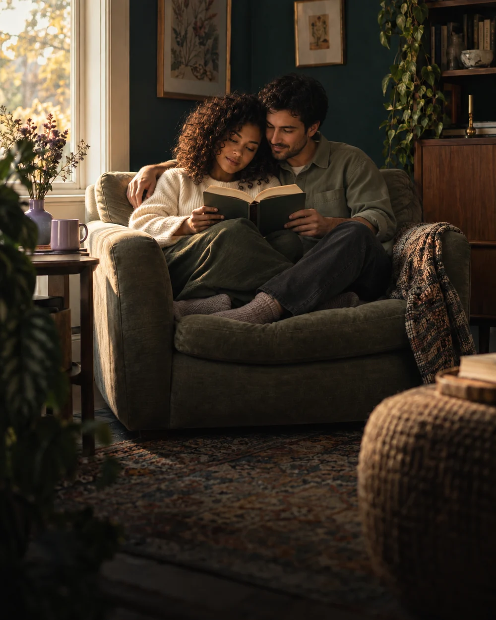 Two partners curled up together with a book in a sunlit living room.