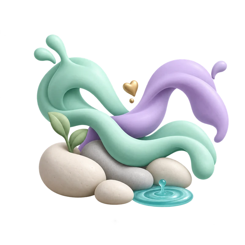 Mint and lilac ceramic shapes meeting above turquoise water.